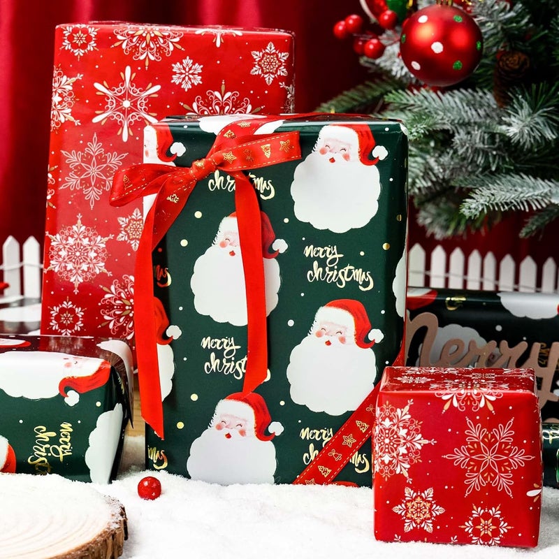 MAYPLUSS Christmas Wrapping Paper Roll - 17IN X 33FT - Green Gift Wrap Paper Featuring Santa Claus Gold Merry Christmas Reversible Snowflake for Kids, Holiday, New Year - Image 3